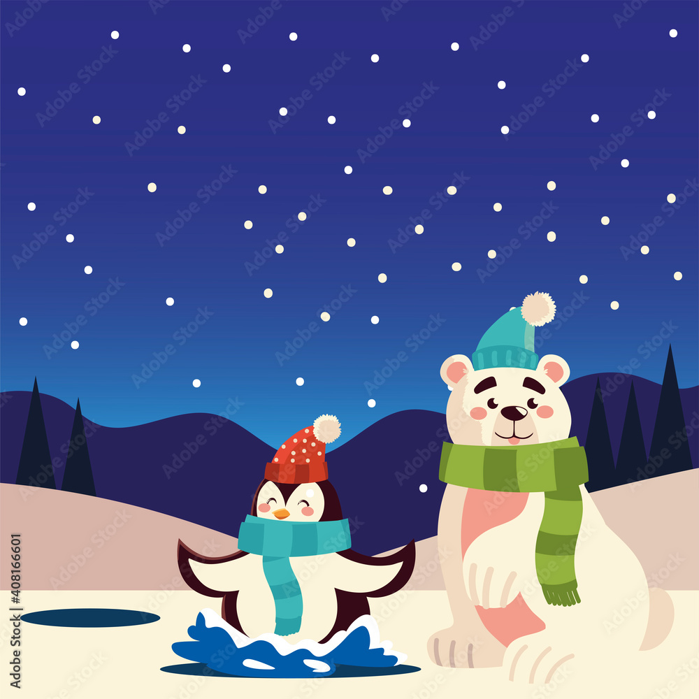 Wall mural merry christmas penguin and polar bear with scarf character snowy scenery