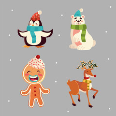 merry christmas penguin reindeer bear deer and gingerbread man icons set
