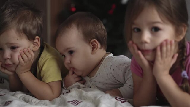 Family, leisure, childhood, friendship concepts - authentic three young preschool toddler minor children kids siblings watch cartoon on smartphone phone device together on sofa in room at home indoors
