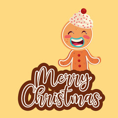 merry christmas greeting card, gingerbread man character cartoon