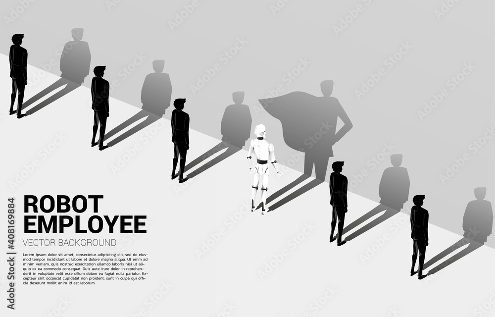Poster robot and his shadow of superhero in the human row. concept of artificial intelligence and machine l