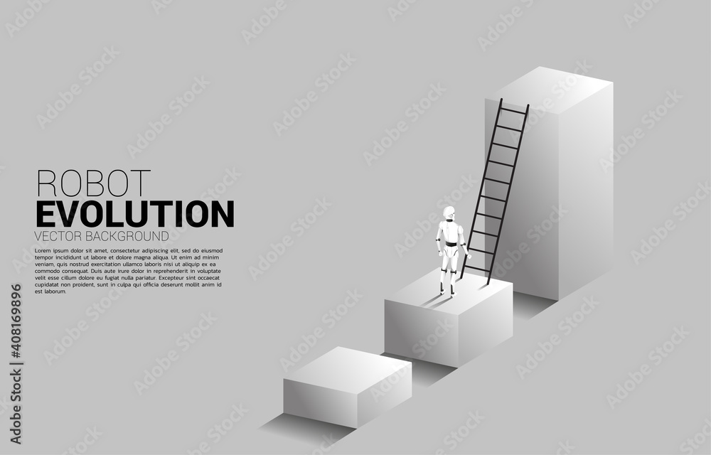 Poster Robot standing to move up on bar graph with ladder. concept of artificial intelligence and machine learning worker technology.