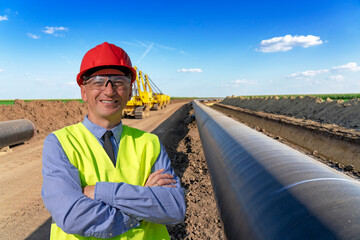 Smiling Businessman or Engineer in Red Hardhat Standing Next to Oil or Gas Pipeline