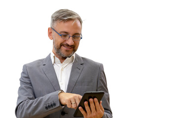 Smiling Middle Aged Man With Digital Tablet Isolated on White Background