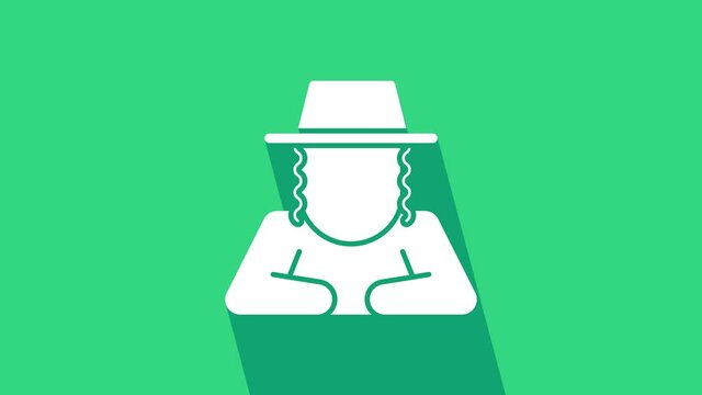 White Orthodox jewish hat with sidelocks icon isolated on green background. Jewish men in the traditional clothing. Judaism symbols. 4K Video motion graphic animation