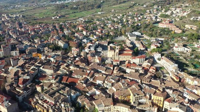 top view of landscape with buildings and mountains in Berga in Spain