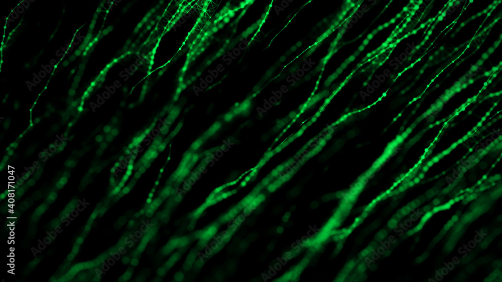 Poster Dynamic particles wave. Green dots on black background. Digital landscape. 3d rendering. Big data visualization 3D. Futuristic backdrop for design, wallpaper.