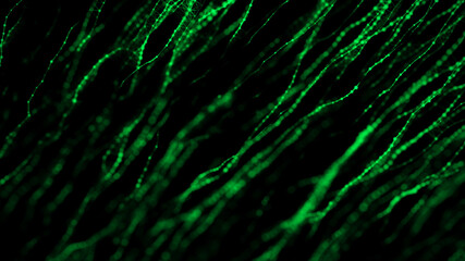 Dynamic particles wave. Green dots on black background. Digital landscape. 3d rendering. Big data visualization 3D. Futuristic backdrop for design, wallpaper.