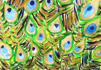children draw the tail of a peacock with watercolor decorative background