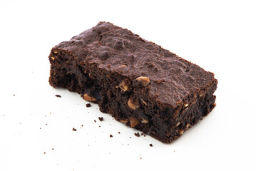 Brownie pieces on white background. Delicious chocolate pie.