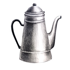 Coffee kettle coffee pot, drawing watercolor pencils on a white background isolate