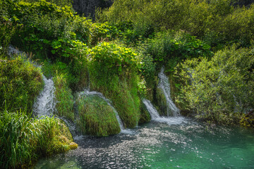 Small waterfalls surrounded by tall grass flowing in to turquoise coloured lake. Plitvice Lakes National Park UNESCO World Heritage in Croatia