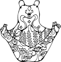 Bear in yoga pose with floral ornaments.
