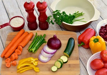 Chopped fresh vegetarian ingredients for making hearty healthy winter soups, stews and chilis