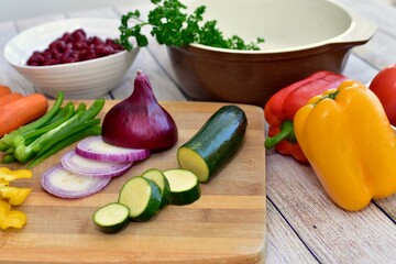 Chopped fresh vegetarian ingredients for making hearty healthy winter soups, stews and chilis