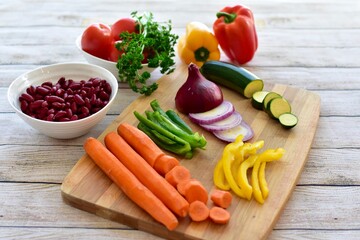 Chopped fresh vegetarian ingredients for making hearty healthy winter soups, stews and chilis