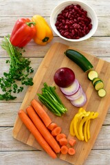 Chopped fresh vegetarian ingredients for making hearty healthy winter soups, stews and chilis