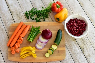 Chopped fresh vegetarian ingredients for making hearty healthy winter soups, stews and chilis