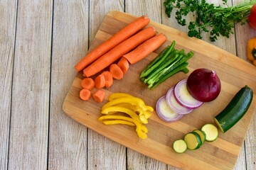Chopped fresh vegetarian ingredients for making hearty healthy winter soups, stews and chilis