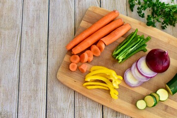 Chopped fresh vegetarian ingredients for making hearty healthy winter soups, stews and chilis