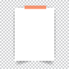 Mockup of a blank A4 sheet of white paper with adhesive tape on a transparent background. Vector illustration .