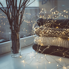 Close-up of led lights garland on stack of cozy knitted sweaters. Branches in glass. Hygge warm consept.