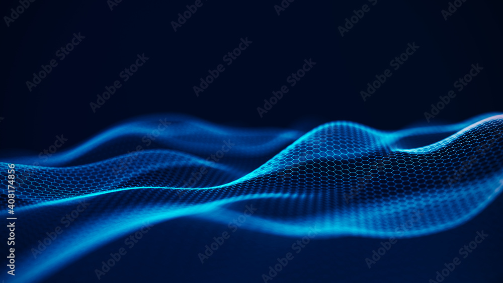 Aufkleber connected hexagons. abstract wave of white hexagons on a dark blue background. 3d rendering