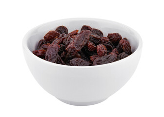 Dried raisins in bowl isolated on white background
