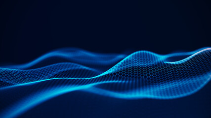 Connected hexagons. Abstract wave of white hexagons on a dark blue background. 3d rendering
