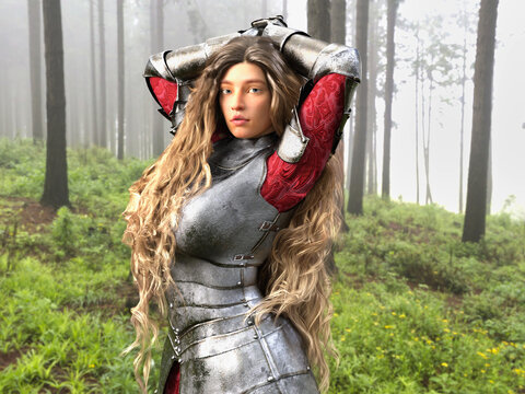 3D Photo of a Young Female Armoured Knight With Long Blonde Hair