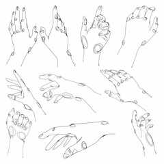 Hands line art. Set of vector illustrations. Vector sketch with hand. Outline drawing