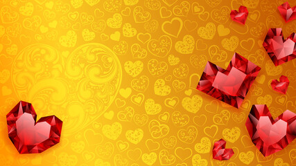 Background of big, small and several crystal hearts, red on yellow. Illustration on Valentine Day