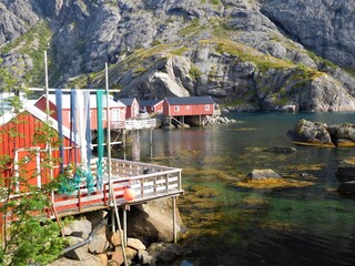 Maisons rouges dans un fjord norvégien dans les îles Lofoten