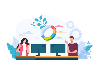 Man woman office workers team working at business financial analytic statistic concept. Vector flat graphic design illustration