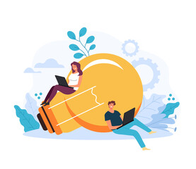 Two people freelancer man woman character developing business idea strategy. Fresh good idea start up concept. Vector flat graphic design illustration