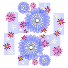 Fototapeta na wymiar Abstract pink, red, yellow, blue and white geometric star flowers on a white background