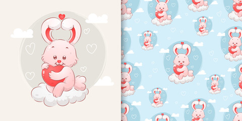 The little cute bunny with the love ears holding a small heart on his hand in pattern set