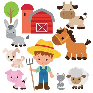 Cute farm animals vector cartoon illustration