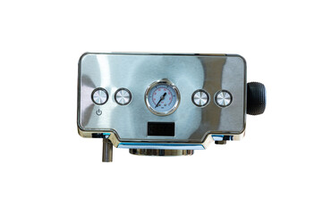 Stainless steel Coffee machine dispenser with analog and digital gauges isolated on white...