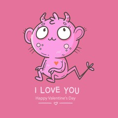 Valentine's day card with cute cartoon imp. Greeting print with doodle funny animal. Line art poster for children. Vector holiday illustration.