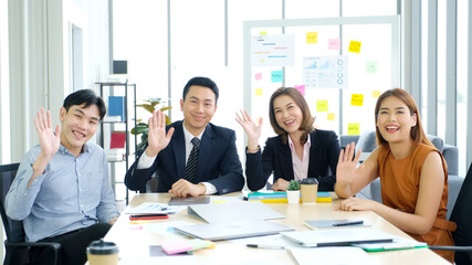 Virtual video conference,  Asian business team making video call by web, Group of asia team online telecommunication meeting by computer, Brainstorm planing teamwork © mangpor2004