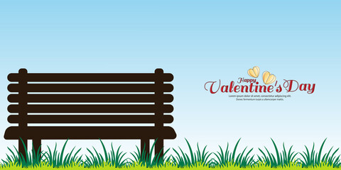 Valentine's day background. Empty Bench on grass