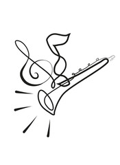 One continuous line drawing of music note and clarinet.
One line drawing of musical instrument.