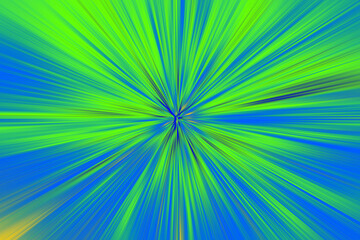 Abstract surface blur of radial zoom in neon blue and green  tones. Abstract bright neon background with radial, diverging, converging lines.