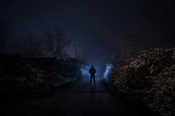 Fototapeta premium strange light in a dark forest at night. Silhouette of person standing in the dark forest with light. Horror halloween concept. strange silhouette in a dark spooky forest at night