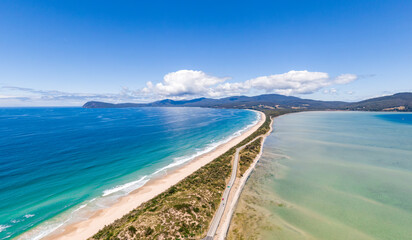 High angle aerial drone view of the Neck, an isthmus of land connecting north and south Bruny...