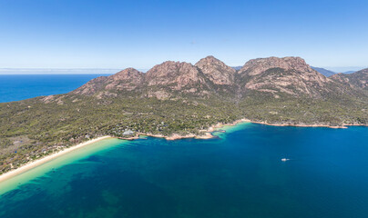Stunning high angle aerial drone view of the famous Hazards mountain range, Richardsons Beach and...