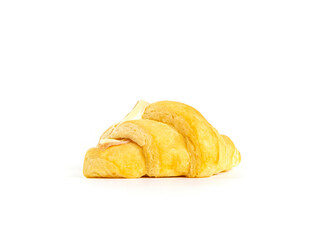 Croissant sandwich with ham and cheese on white background. One Croissant isolated picture. Homemade bakery concept.