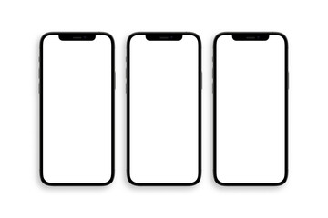 set of three iphone 12 pro with blank white screen top view