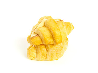 Stack of Croissant sandwich with ham and cheese on white background. Two Croissant isolated picture. Homemade bakery concept.